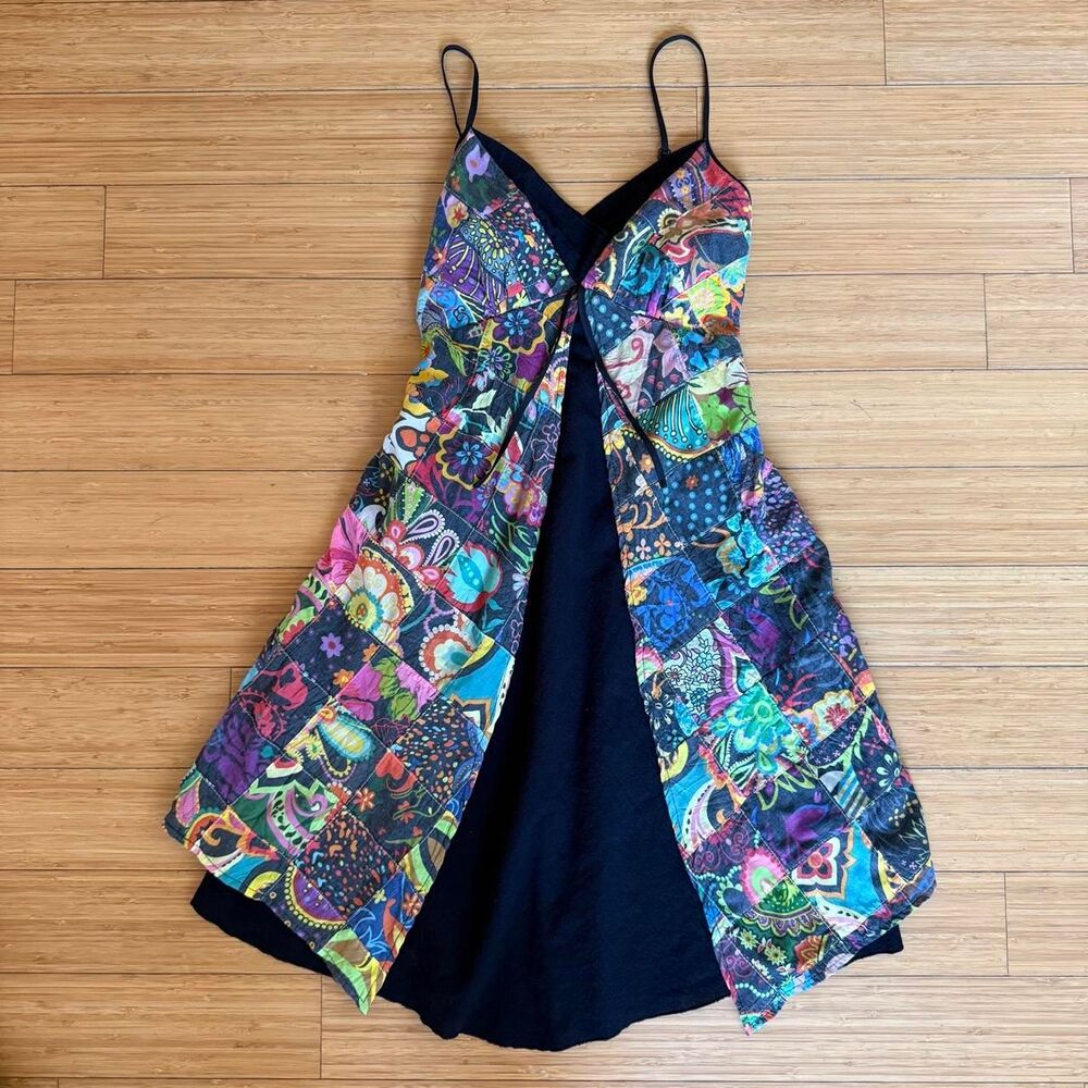 Patchwork Panel Dress Small Black Multicolor Cotton Boho Fairy Festival